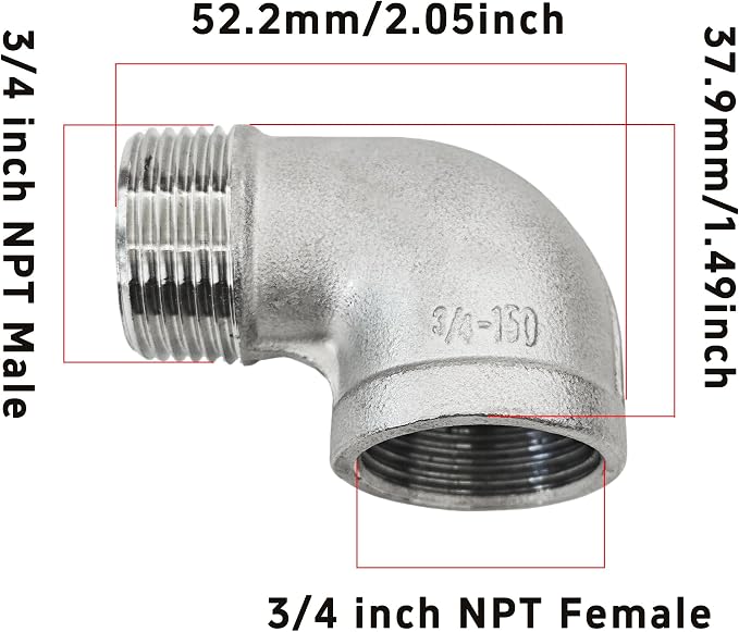 2Pcs 90 Degree Street Elbow, 3/4" NPT Male x 3/4" NPT Female, 304 Stainless - Image 2