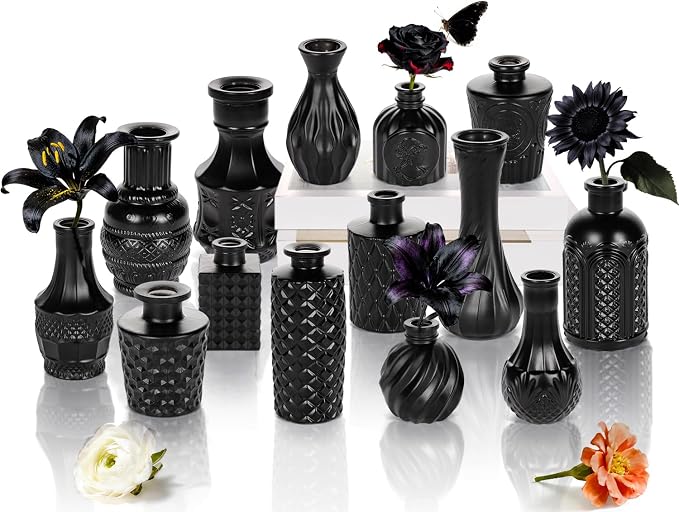 Black Glass Bud Vase Set of 14 Pcs, Small Bud Vases in Bulk, Glass Crystal by JXINDUJU