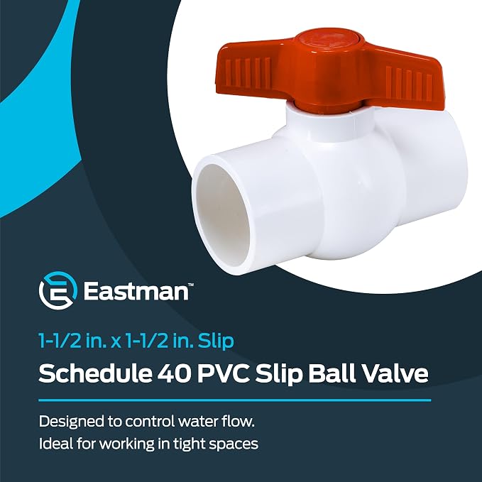 Eastman 1-1/2 Inch Slip Schedule 40 PVC Quarter Turn Ball Valve, Brass Plumbing - Image 2