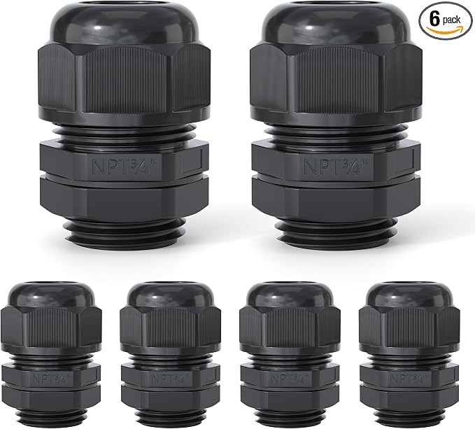 6 Pcs 3/4" NPT Cable Glands, IP68 Waterproof Nylon PA66 | Strain Relief Cord by EBILNVKE