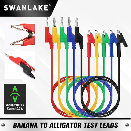SWANLAKE 5-Piece Banana Plug to Alligator Clip Test Leads, 1000V 15A 3.5ft/1M - Image 2