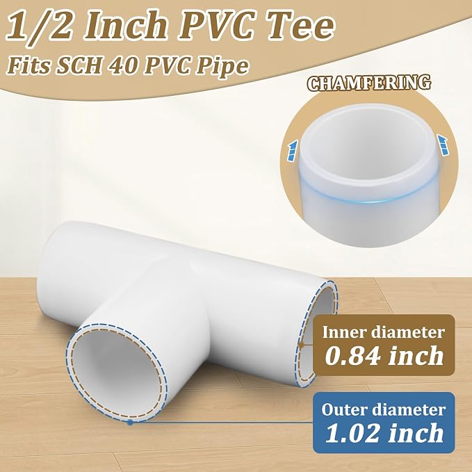 20-Pack 1/2" Tee PVC Fittings, Furniture Grade Pipe Fittings 3 Way - Image 2