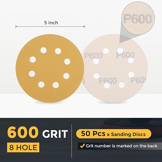 HARFINGTON 50Pcs 5Inch Sanding Discs 600Grit Yellow Aluminum Oxide 8 Hole | - Image 2