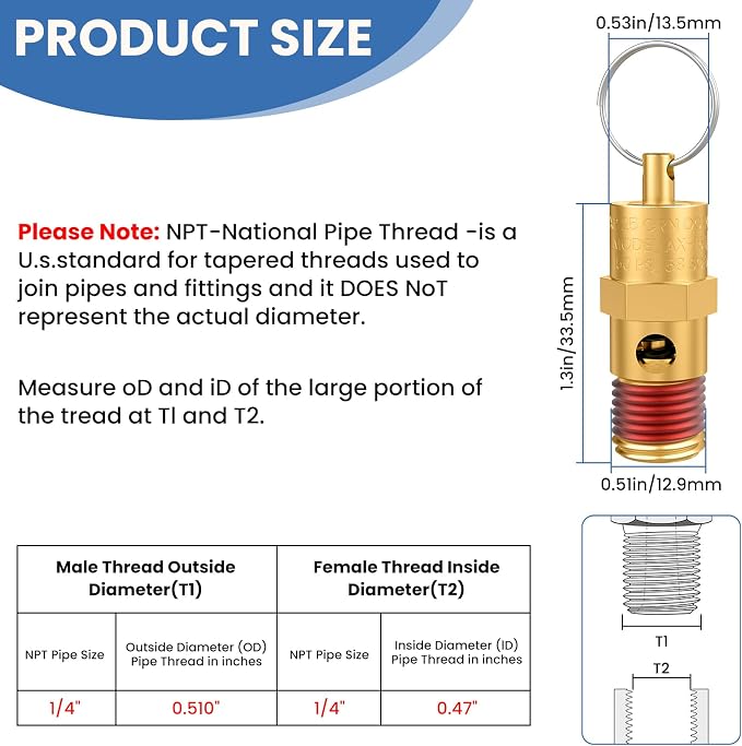 1/4" Male NPT Brass Safety Valve, 1 Pack | 125 PSI Pressure Relief - Image 2