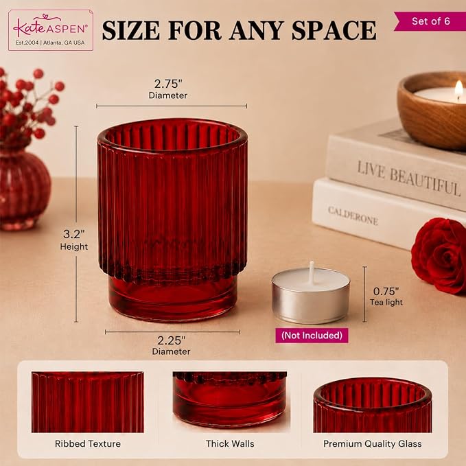 Kate Aspen Vintage Ribbed Red Glass Candle Holders Set of 6 - Image 6