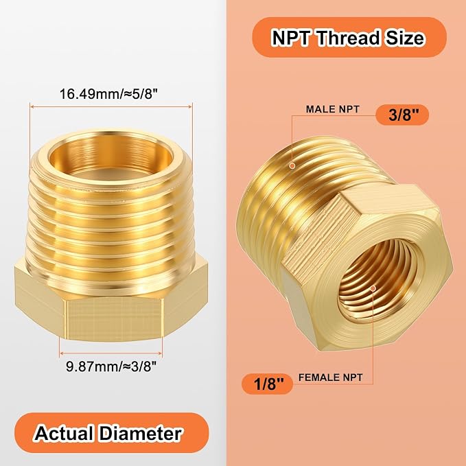 10 Pack Male to FeMale Adapter, 3/8" NTP Male x 1/8" NTP Female Brass Hex - Image 2