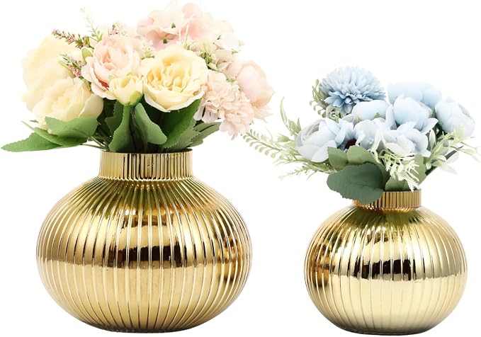 Gold Glass Vases for Tulips, Flower Vases for Bouquet, Ribbed Glass Vase for by YANWE