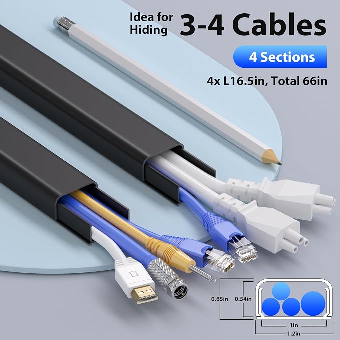 ZhiYo 66" Cord Covers for Wires on Wall, 1.2" W x 0.7" H | Fits 3-4 Cords - Image 2