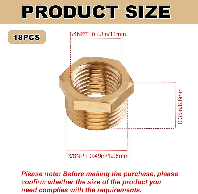 18pcs Brass Reducer Hex Bushing, 1/4 Inch to 1/8 Inch NPT Female Adapter | - Image 2
