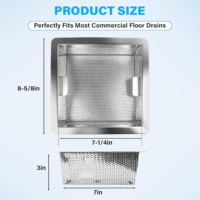 2-Pack Commercial Drain Strainer Baskets, 8.5 x 8.5 x 3 inches - Image 2