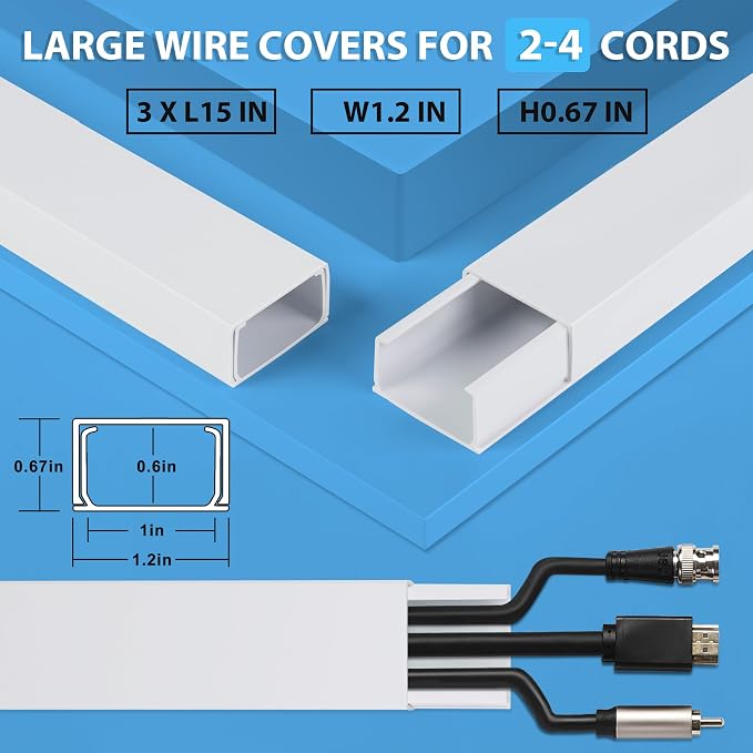ZhiYo 45" Cord Covers for Wires on Wall, 1.2" W x 0.7" H | Fits 3-4 Cords - Image 2