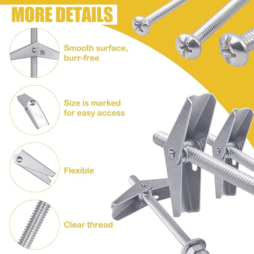 Toggle Bolts for Drywall 48pcs, 1/4 3/16 1/8 Zinc-Plated Butterfly Anchors | - Image 3