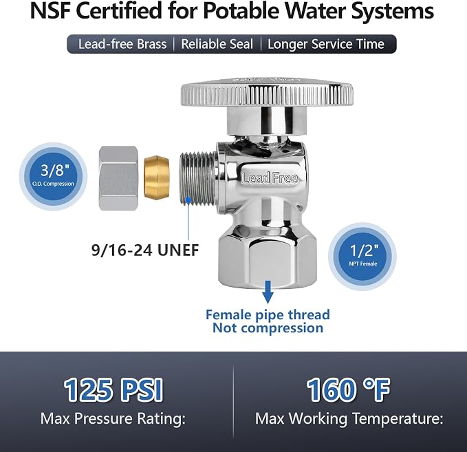 WiseWater Threaded Angle Stop Valve 1/2" FNPT x 3/8" OD Compression | Quarter - Image 2