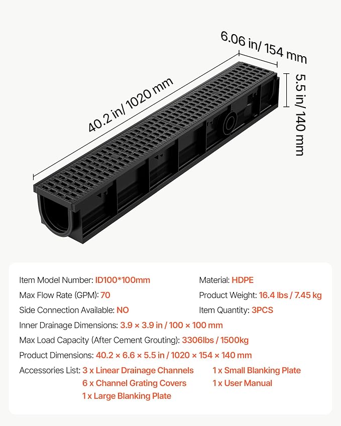 VEVOR Trench Drain, 40.2 x 6.06 x 5.5 in, 6 Pack Linear Drainage Channel - Image 7