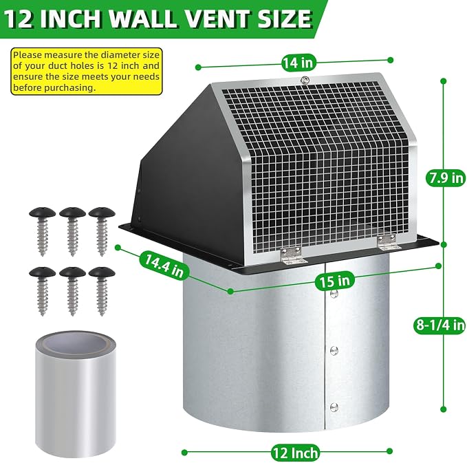 12 Inch Wall Vent Hood Exhaust Vent Cover Cap Outdoor Hooded Wall Vent - Image 2