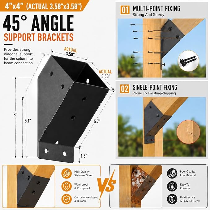 45 Degree Pergola Brackets for 4x4 Lumber, Q235 Steel, 8 Pack | Black - Image 2