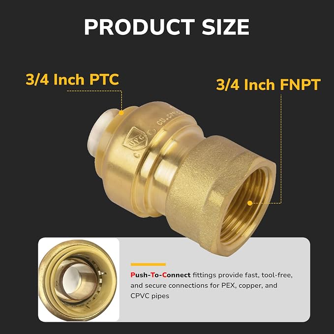 3/4" PTC to 3/4" NPT Female Adapter Push-Fit, Push to Connect Brass Plumbing - Image 2