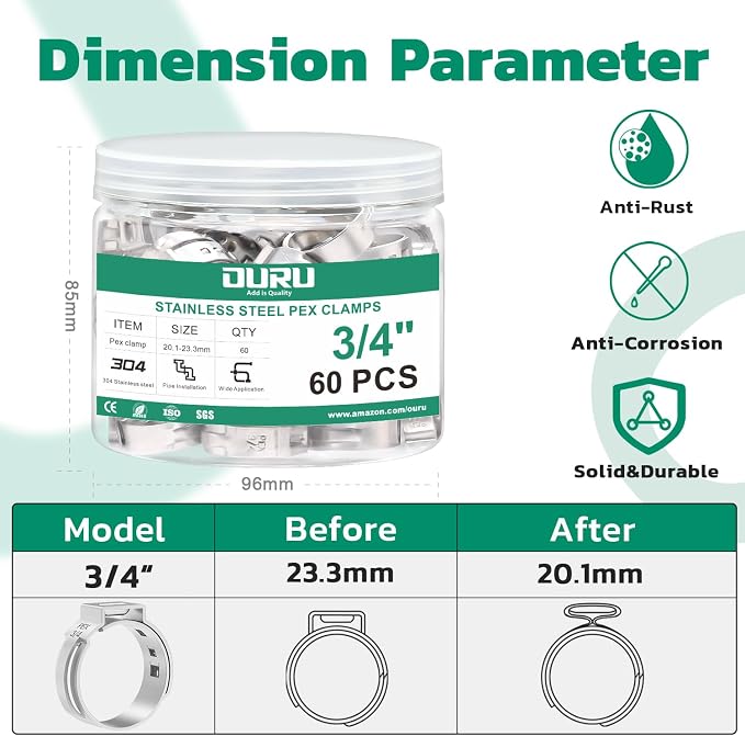 OURU 60PCS 3/4 Pex Crimp Rings, 304 Stainless Steel Pex Fittings | - Image 2
