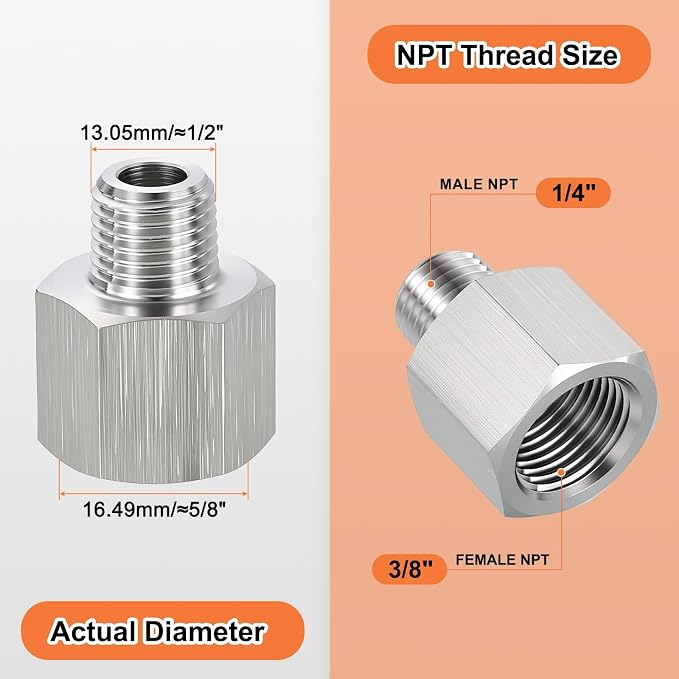 2 Pack 304 Stainless Steel FeMale to Male Adapter, 3/8" FeMale NPT x 1/4" Male - Image 2