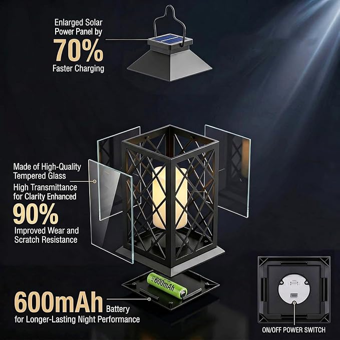 4 Pack 14" Large Tempered Glass Solar Lanterns Outdoor Waterproof | Black retro - Image 4