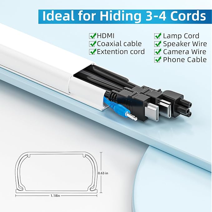 Yecaye 142in Wall Cord Hider for 3-4 Cords, W1.18in H0.63in, On-Wall Cord Cover - Image 2