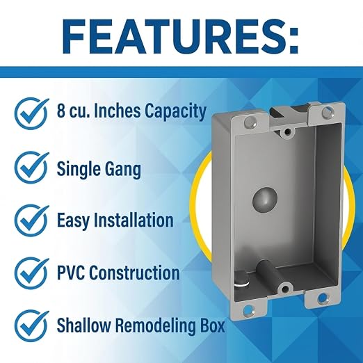 2 Pack Shallow Outlet Box 8 Cubic Single Gang Old Work Junction Box – Grey - Image 3
