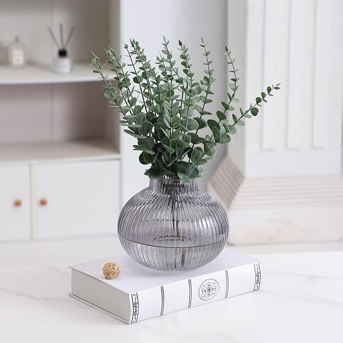 Black Glass Vase for Tulips, Ribbed Glass Vase for Flowers, Round Flower Vases - Image 4