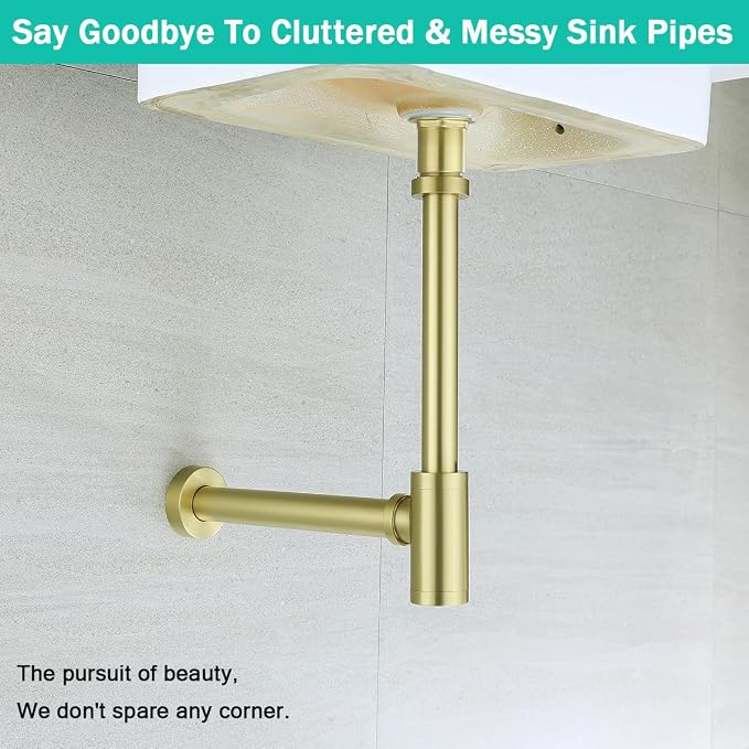 Brass Round Bottle P-Trap with Pop Up Drain Stopper, 1 1/4 Adjustable Basin - Image 4