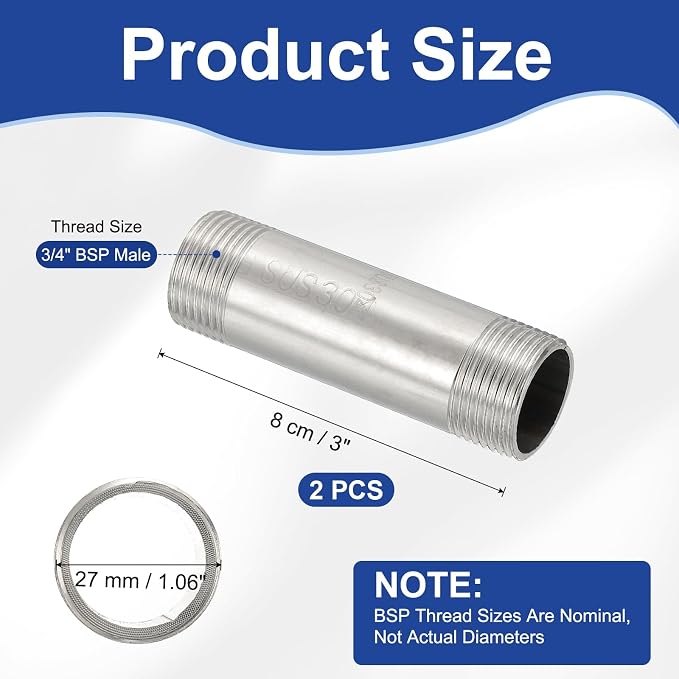 PATIKIL 304 Stainless Steel Pipe Fitting, 2 Pack 3/4" BSP Male x 3/4" BSP Male - Image 2