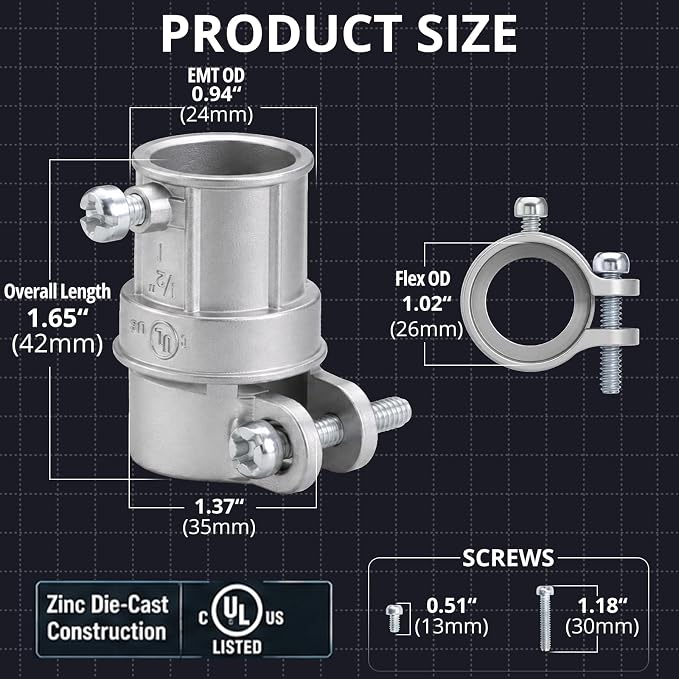 1/2 in. Squeeze EMT to Flex Coupling, UL Listed, 10 Pack | Zinc die-cast - Image 2