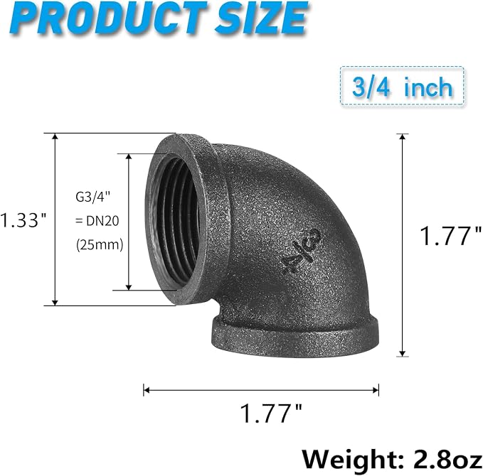 3/4" Pipe Fitting Elbow, 20 Pack DN20 Gray Threaded Cast Malleable Iron Elbow - Image 2