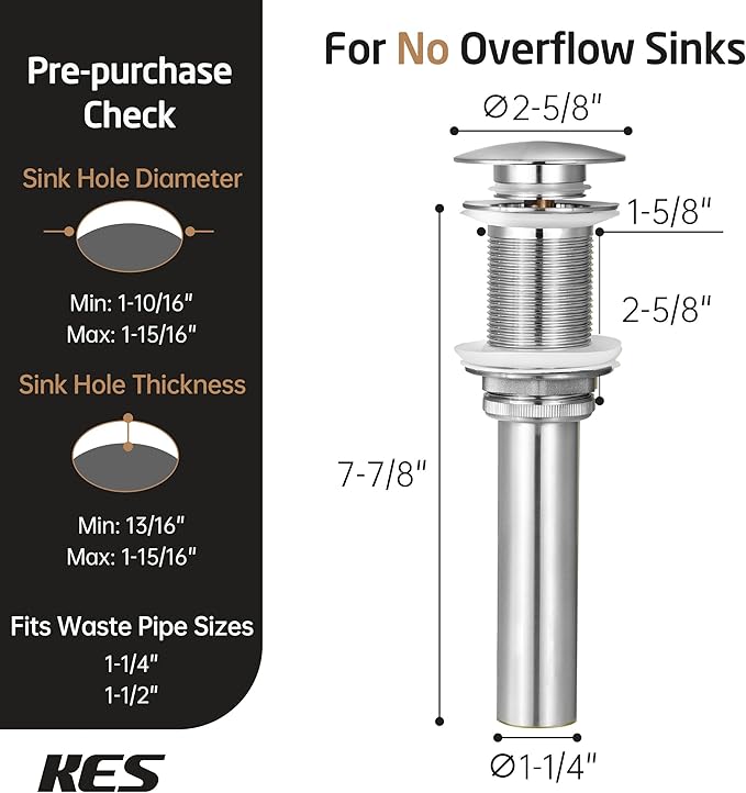 KES Bathroom Sink Drain Without Overflow Vessel Sink Lavatory Vanity Pop Up - Image 6