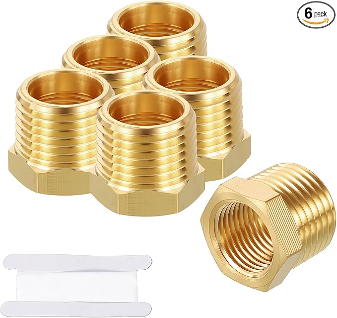 6 Pack Male to FeMale Adapters, 1/2" Male NPT x 3/8" FeMale NPT Brass Hex by Rebower
