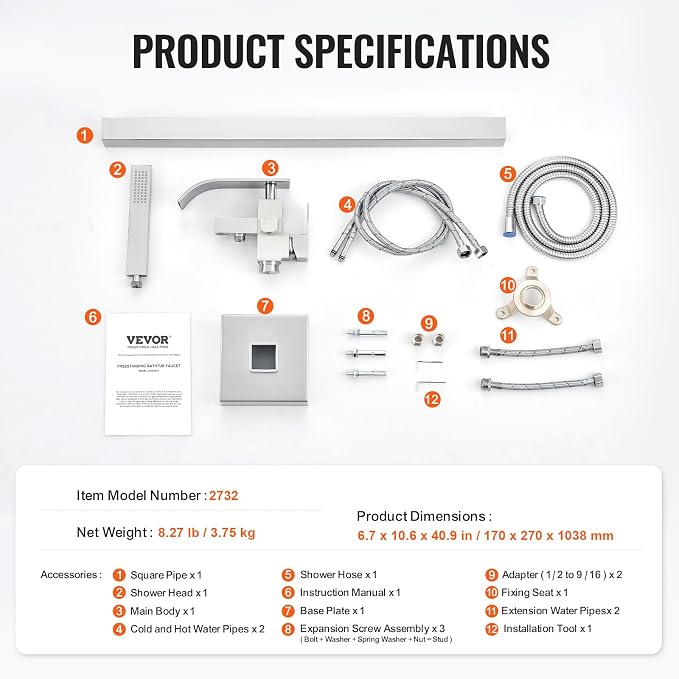 VEVOR Freestanding Bathtub Faucet, Floor Mount, Freestanding Tub Filler - Image 7