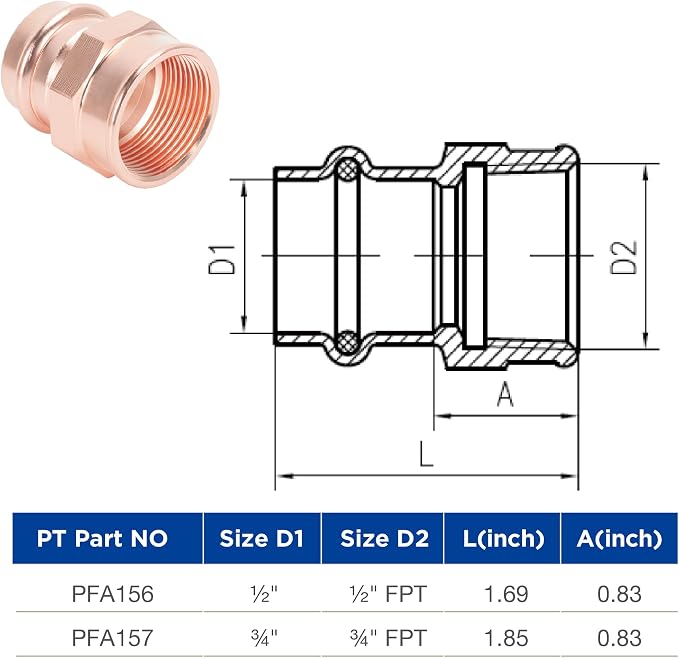 Copper Press Fittings 1/2" Female Adapter x 1/2" Press 10 Pack - Image 3