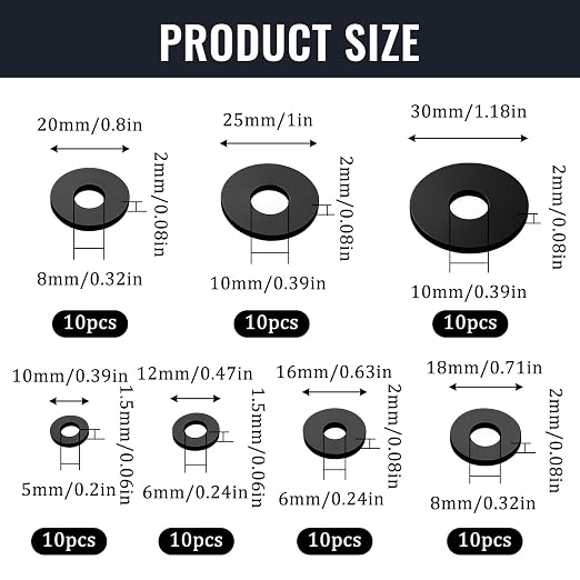 70Pcs Black Rubber Washers Assortment Kit, 7 Sizes Flat Round Washers, - Image 2