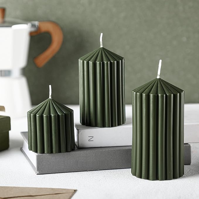 Conelist Set of 3 Moss Green Ribbed Pillar Candles Soy Wax Scented Candles | 2.8 by Conelist