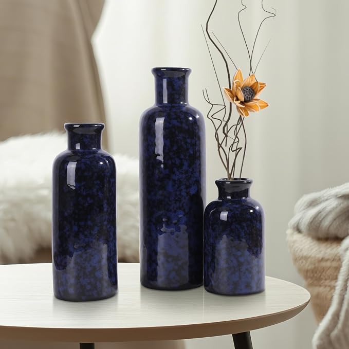 Small Blue Ceramic Vase Set of 3, Boho Modern Flower Vase Room Decor, Farmhouse - Image 5