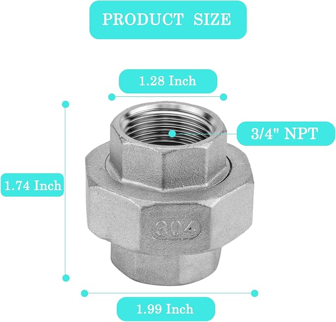 2Pcs 304 Stainless Steel Pipe Union Fitting, 3/4" NPT Female, Cast Full Port - Image 2