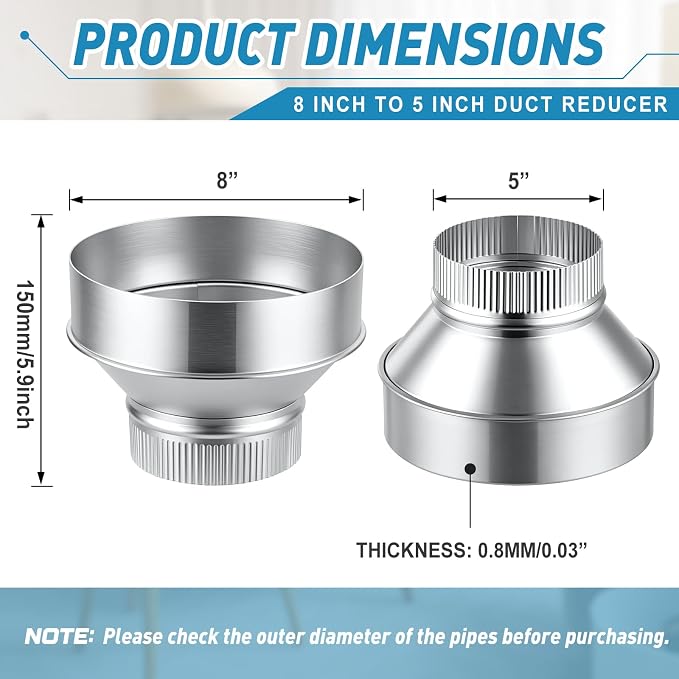 1 Pcs 8 Inch to 5 Inch Duct Reducer Increaser | Galvanized Steel Air Duct - Image 2