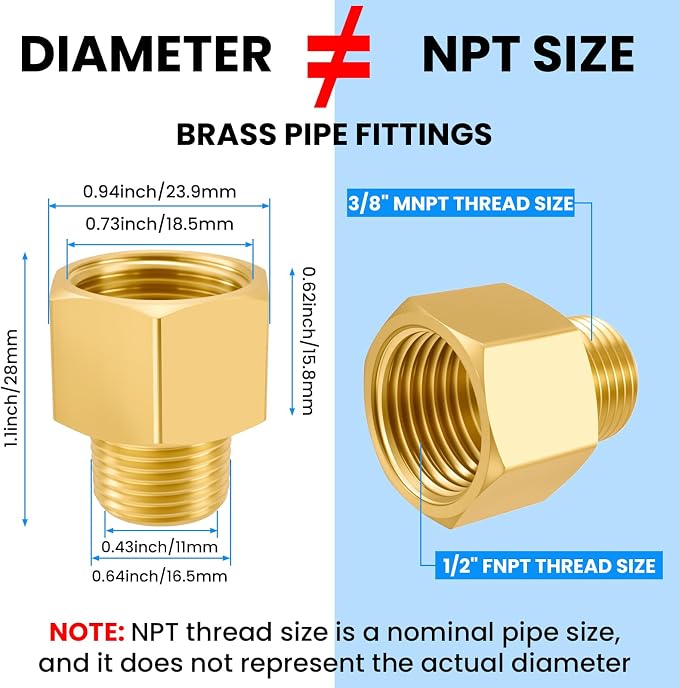 SDTC Tech 2-Pack Brass Pipe Fitting 3/8 NPT Thread Male to 1/2 NPT Thread - Image 8