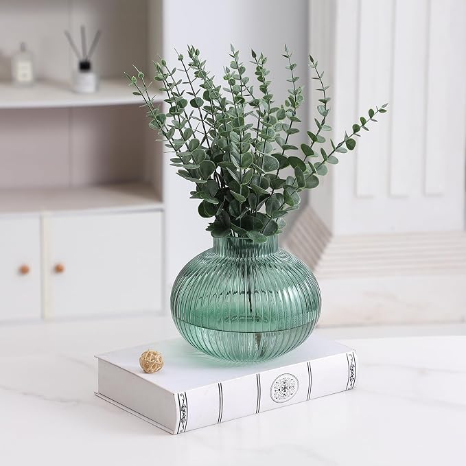 Green Glass Vase for Tulips, Ribbed Glass Vase for Flowers, Round Flower Vases - Image 4