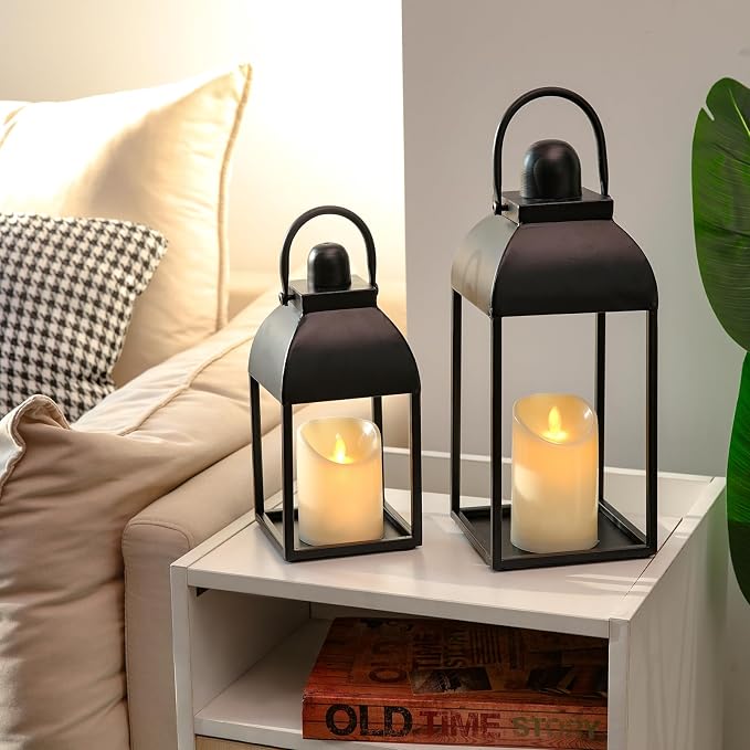 Lanterns Decorative Indoor 15" 11" Set of 2 Black Metal Lantern - Image 3