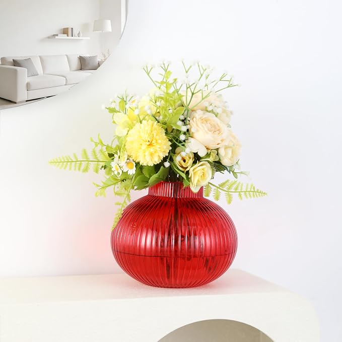 Red Glass Vase, Flower Vases for Bouquet, Ribbed Glass Vases for Flowers - Image 4