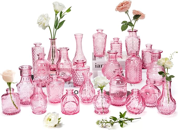 Clear Pink Glass Bud Vase Set of 24 Pcs, Small Bud Vases in Bulk, Glass Crystal by JXINDUJU