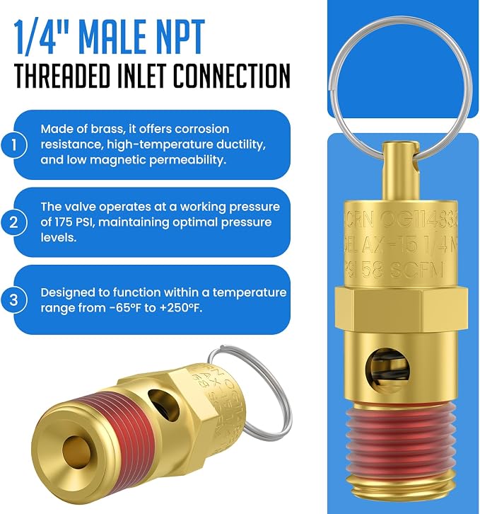 2 Pcs 1/4" NPT 175 PSI Air Compressor Pressure Relief Valve, Brass Safety Valve - Image 4