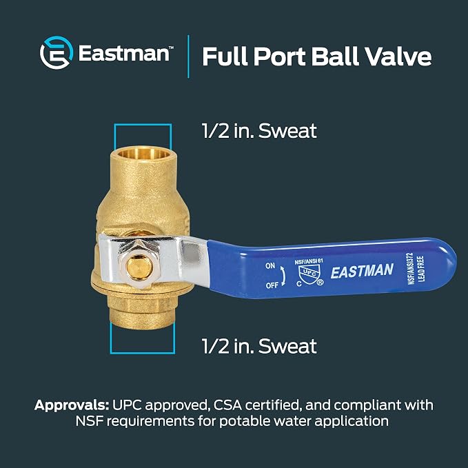 Eastman Heavy Duty Full Port Brass Ball Valve, 1/2 in Sweat x 1/2 in Sweat - Image 6