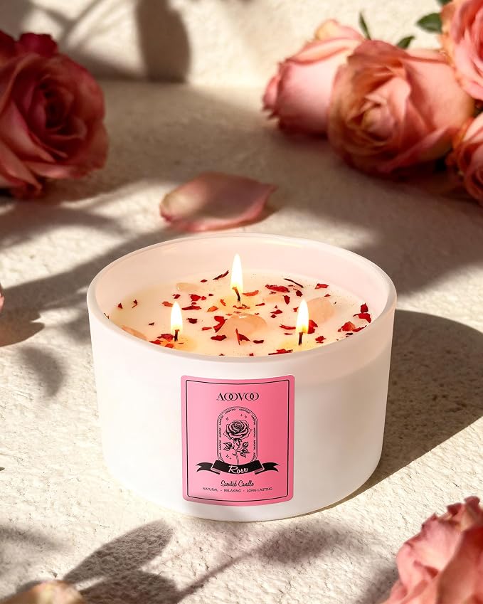 AOOVOO Rose Scented Candles for Women - 20oz 3 Wick Soy Candles for Home Scented - Image 2