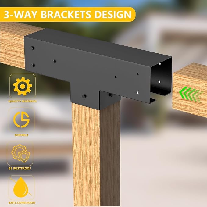 4x4 Pergola Brackets Kit, 3-Way T Shape, 3.58 x 3.58 in, 2 Pack | Q235 Steel - Image 2