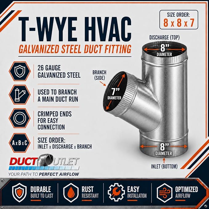 8" x 8" x 7" T-Wye HVAC Duct Fitting, 26 Gauge Galvanized Steel Round Duct - Image 2